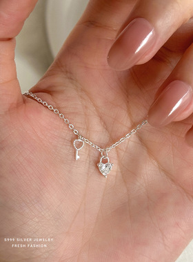 999纯银爱心项链锆石钥匙女