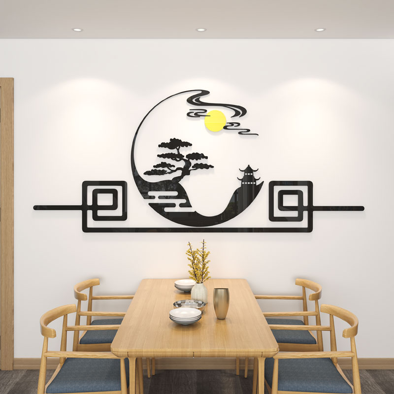 餐厅电视背景墙面装饰墙贴画网红中式饭店3d立体禅意静坐茶道壁画图片