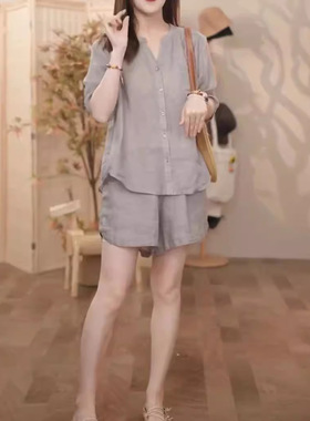 法国coss koko夏季新款洋气色简约衬衫短裤套装宽松显瘦