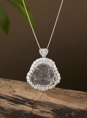 法国Coss KoKoS925银镶嵌石英岩质玉高冰笑脸弥勒佛项链女士新