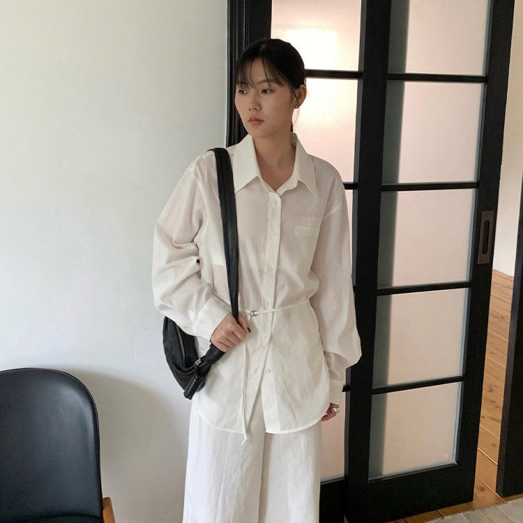 法国cherrykokotg 设计感宽松衬衫女秋季不规则系带后镂空纯色