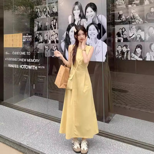 法国cherrykoko黄色显瘦无袖连衣裙子女夏简单大方得体背心长裙