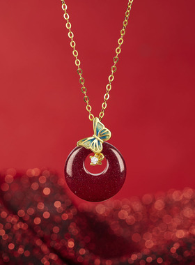 法国coss kokos925银朱砂蝶恋平安扣项链女新中式烤漆蝴蝶挂