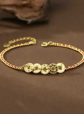 法国coss kokos925银红绳碎冰冰五帝币手链女手工编织幸运红绳