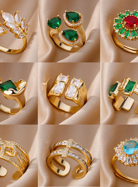 法国coss koko欧美风彩锆镶花朵戒指女ins潮开口可调节食指戒指