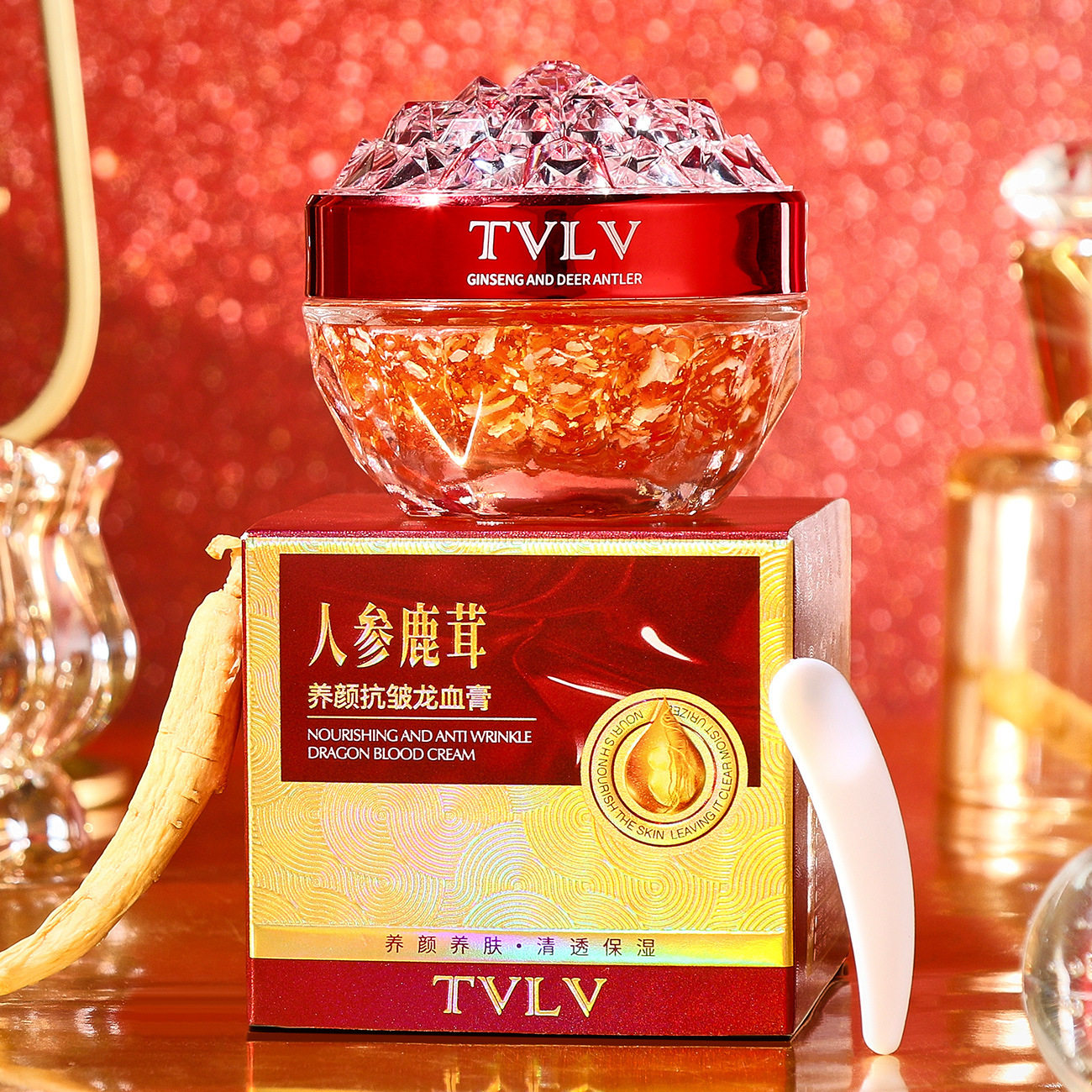 tvlv人参鹿茸抗皱龙血膏保湿滋润提亮肤色面部懒人面霜护肤品