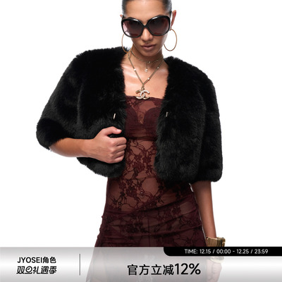 黑色短款宽松中袖皮草马夹斗篷女