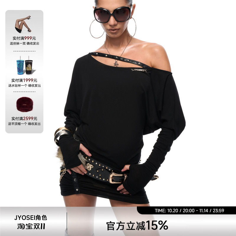 JYOSEI角色斜肩微透包臀针织裙女