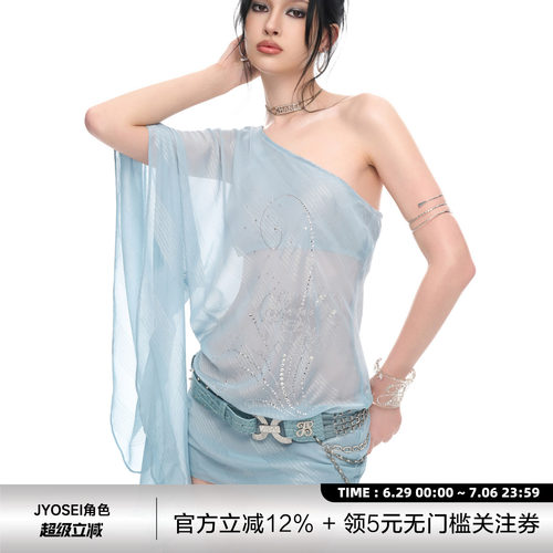 JYOSEI斜肩烫钻雪纺包臀连衣裙女