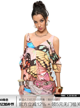 JYOSEI角色原创蝴蝶印花度假风吊带露肩V领上衣蝙蝠袖包臀连衣裙