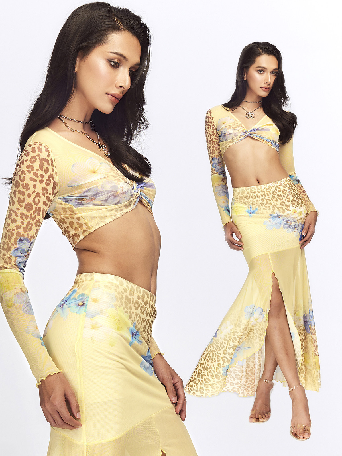 JYOSEI角色原创辣妹度假风淡黄豹纹印花紧身短款上衣网纱半裙套装,女装/女士精品,职业女裙套装,淘宝优惠券,粉丝福利购,淘宝优惠卷