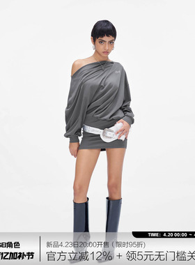 JYOSEI角色原创灰色一字肩立裁不规则包臀裙宽松廓形长袖连衣裙