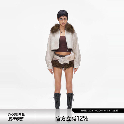 白灰做旧皮毛一体短款夹克外套