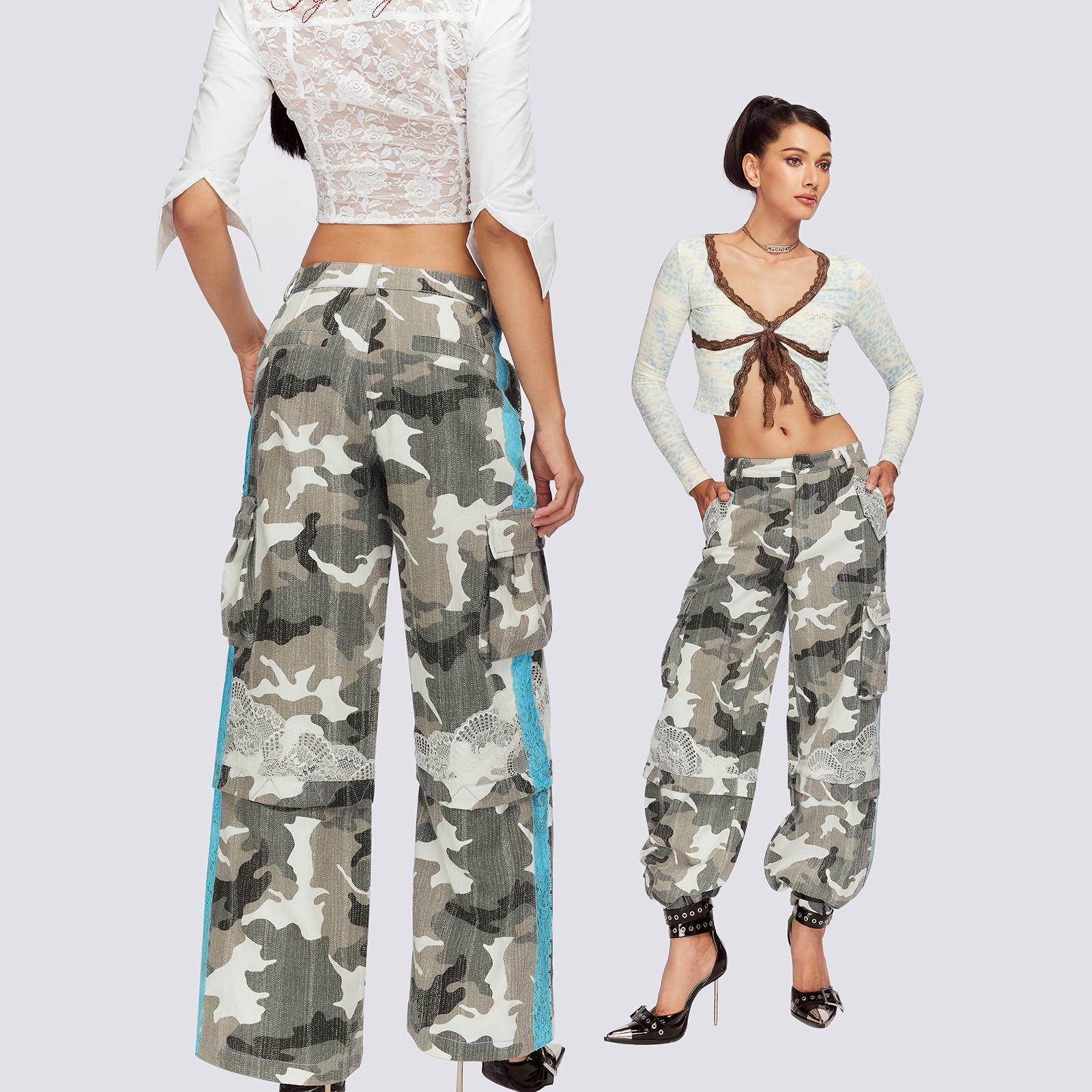 JYOSEI角色迷彩拼接蓝白蕾丝重工休闲工装裤中低腰宽松阔腿长裤,女装/女士精品,休闲裤,淘宝优惠券,粉丝福利购,淘宝优惠卷