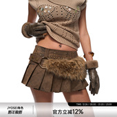 JYOSEI角色原创重工棕色中低腰毛毛拼接PU皮Y2K辣妹风迷你超短裙