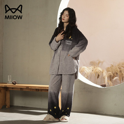 猫人睡衣女款秋冬季加绒加厚珊瑚绒冬季V领家居服高级感2024新款