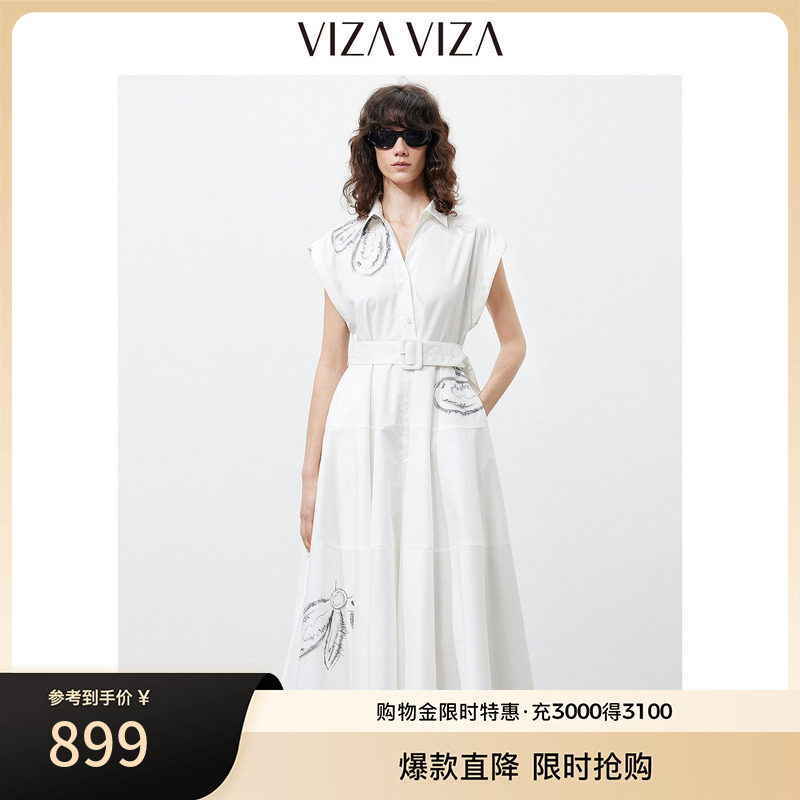 VIZA VIZA 2026年夏新款通勤气质优雅收腰白色衬衫式无袖连衣裙女图片