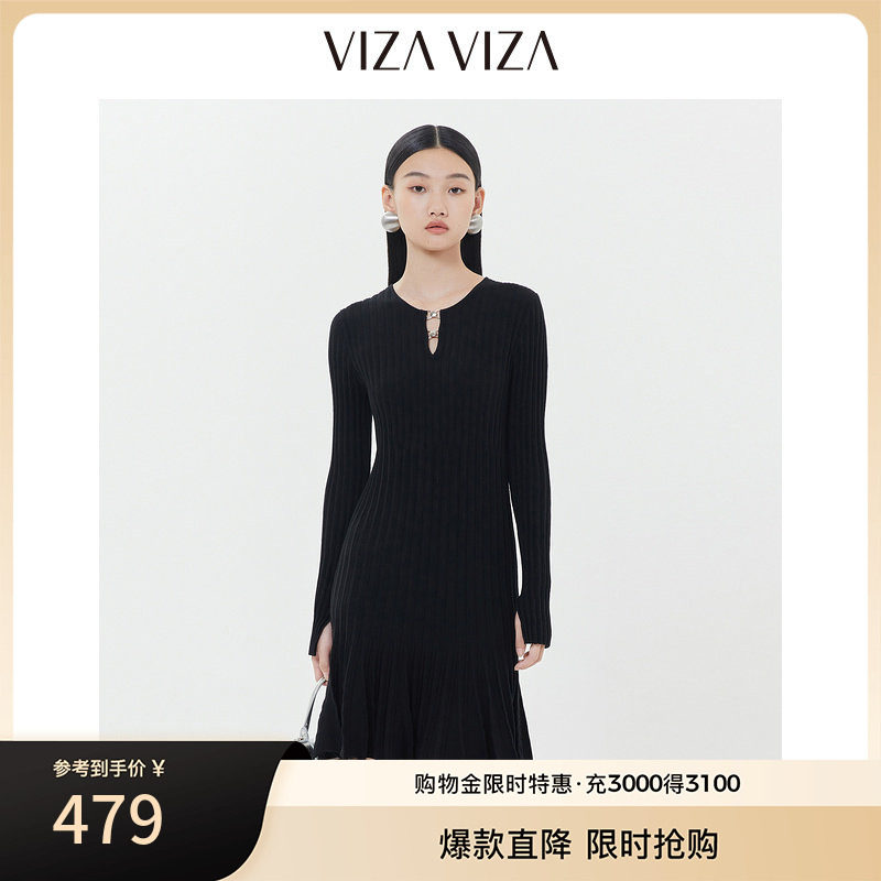 VIZA VIZA 2025年春季新款气质优雅黑色长袖连衣裙图片