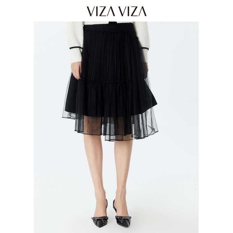 VIZA VIZA 春季2024新款双排扣百褶裙高腰a字半身裙