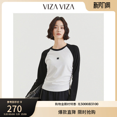 VIZA VIZA 秋季新款通勤百搭气质休闲黑白拼色长袖圆领T恤女