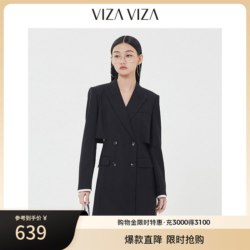 VIZA VIZA 2025春季新款高级感气质黑色西装连衣裙图片