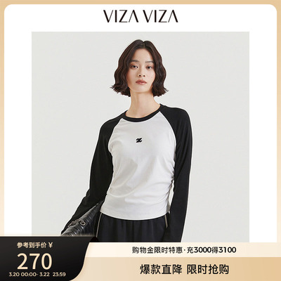 VIZA VIZA 秋季新款通勤百搭气质休闲黑白拼色长袖圆领T恤女