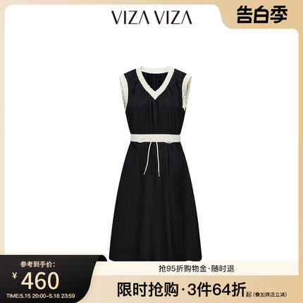 【商场同款】VIZA VIZA 2024夏季新款黑色气质优雅V领无袖连衣裙