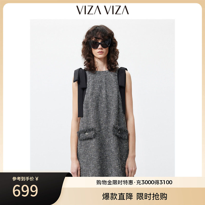 VIZA VIZA 2026年夏季新款通勤风气质优雅夹花灰圆领无袖连衣裙女图片