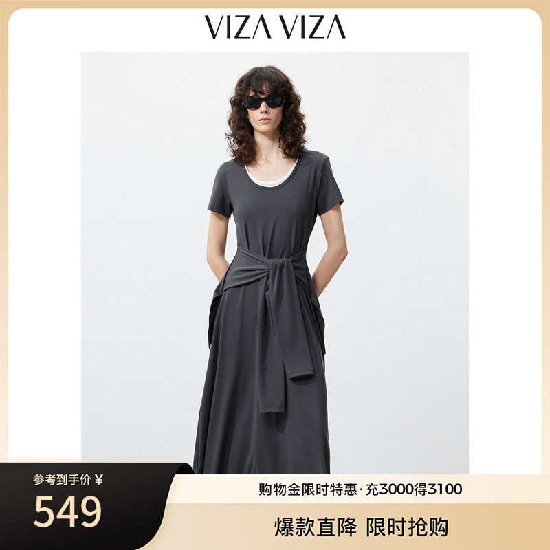 VIZA VIZA 2026年夏新款莱赛尔通勤气质灰色系带圆领短袖连衣裙女图片