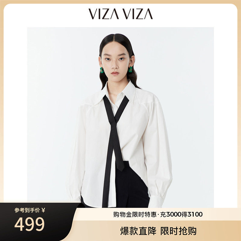VIZA VIZA 黑色领带衬衫春季2024新款法式别致小上衣图片