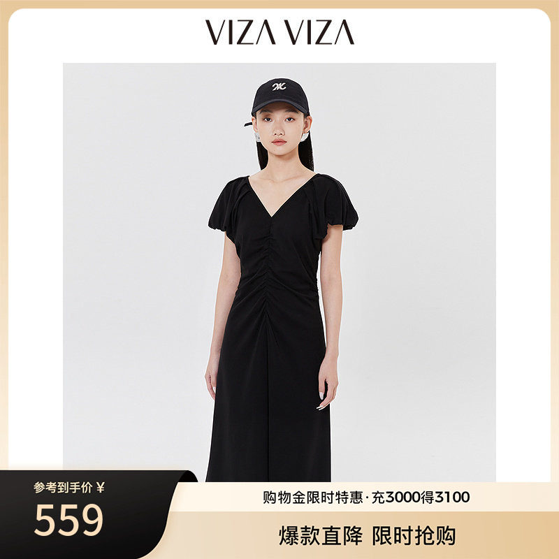 VIZA VIZA 2025夏季新款气质V领短袖高腰连衣裙图片