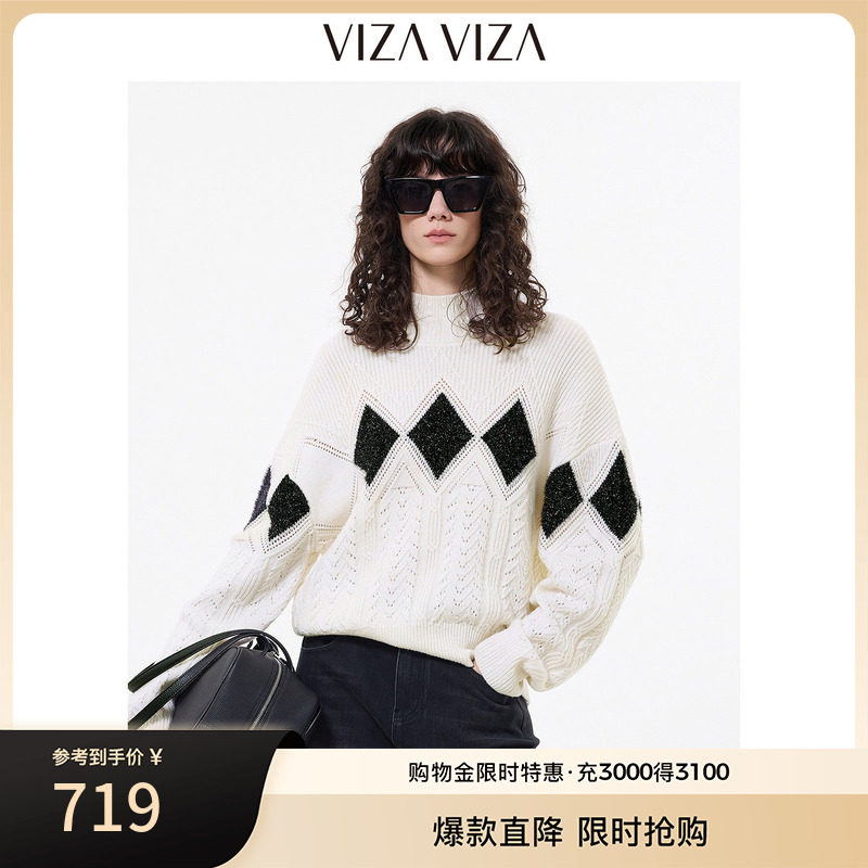 VIZA VIZA 2026冬季新款羊毛通勤气质撞色菱形格半高领毛针织衫女图片