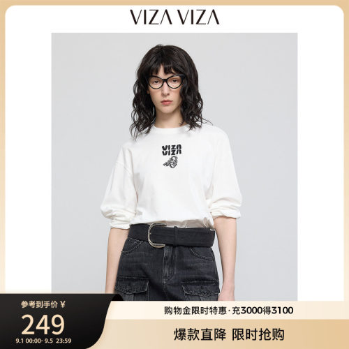 VIZA VIZA 2026秋季新款全棉通勤休闲简约宽松长袖圆领印花T恤女