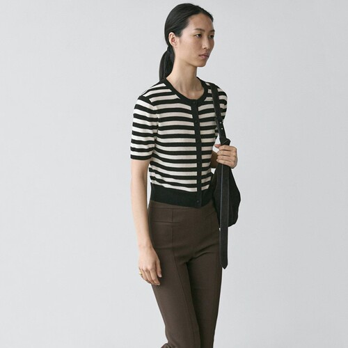 春季知性通勤条纹短袖针织开衫女