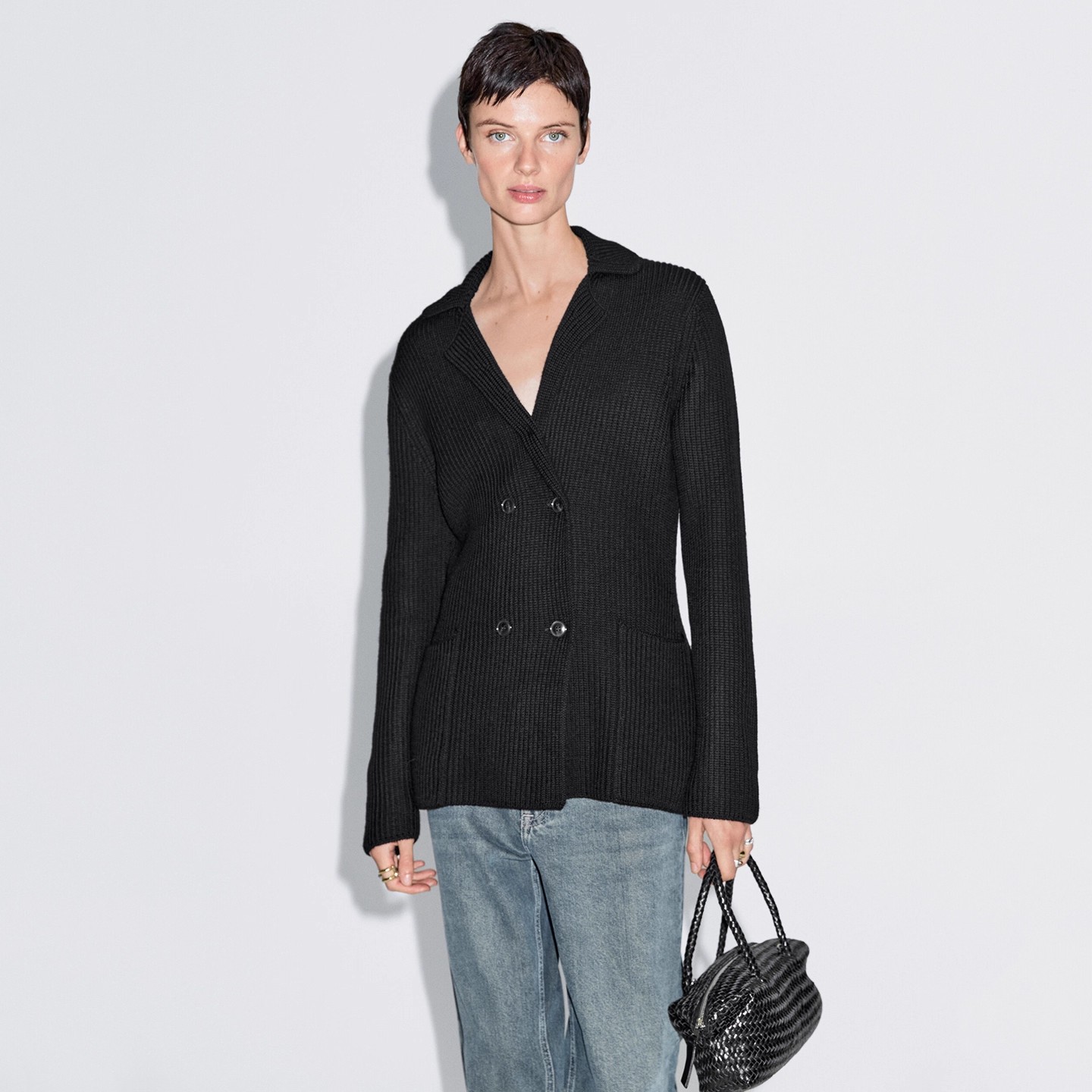 MD女装秋冬新品黑色通勤气质西装领设计双排扣修身长袖针织开襟衫