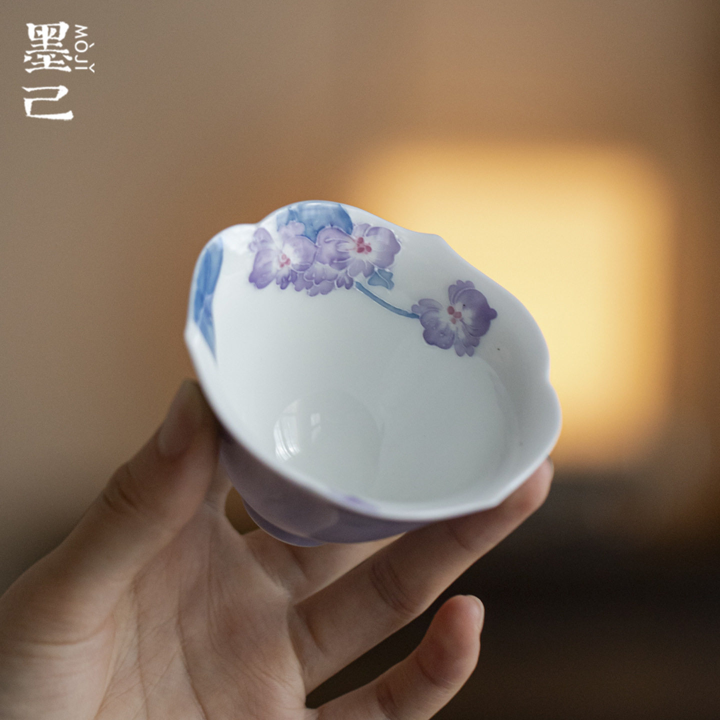 墨己木槿紫花口陶瓷主人杯功夫茶具家用茶杯手绘海棠品茗杯单杯