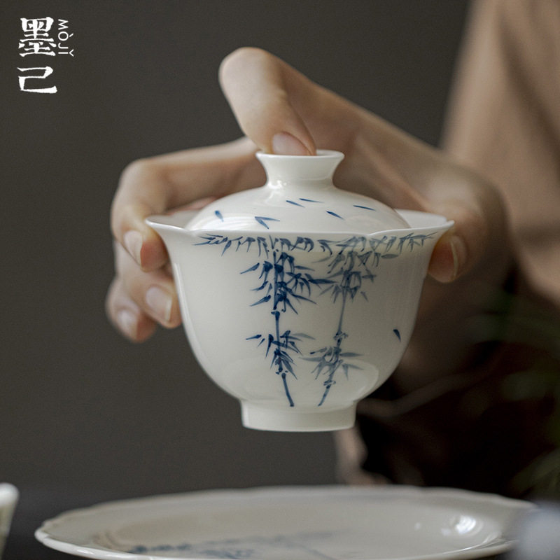 仿宋花口高足盖碗功夫茶具手绘青花竹逸陶瓷泡茶碗家用茶盖碗