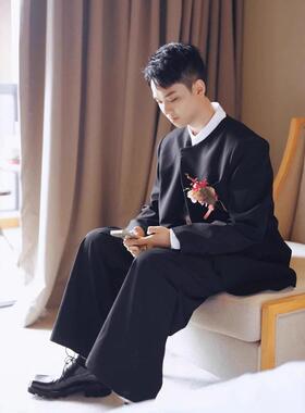 新中式西装小众新郎潮牌套装感黑色圆领宽松痞帅休闲西服外套