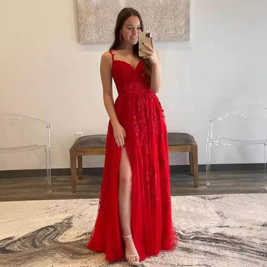 蕾丝贴花紧身胸衣舞会晚礼服2025薄纱长款女式正式细肩带开叉婚纱