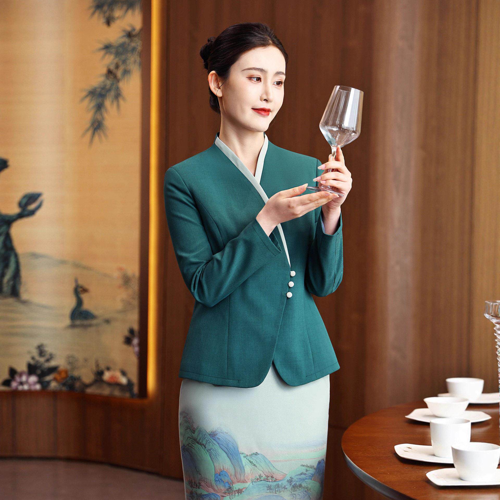 中式酒店服女餐厅饭店服务员长袖套装茶楼前台衣研堂秋冬工装