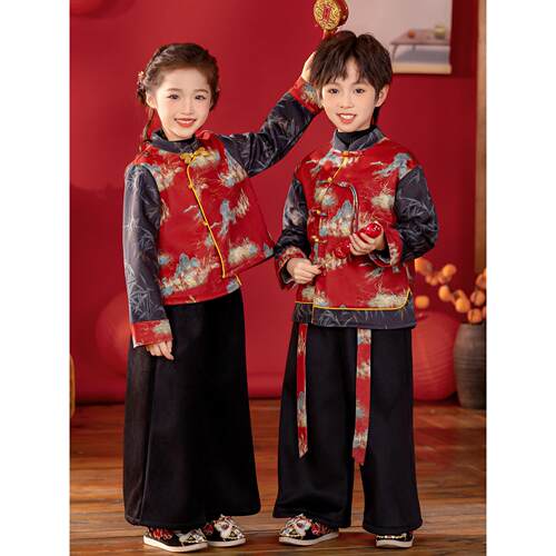 儿童新中式冬装男童古装汉服加绒2025新款幼儿园男女生拜年服元旦