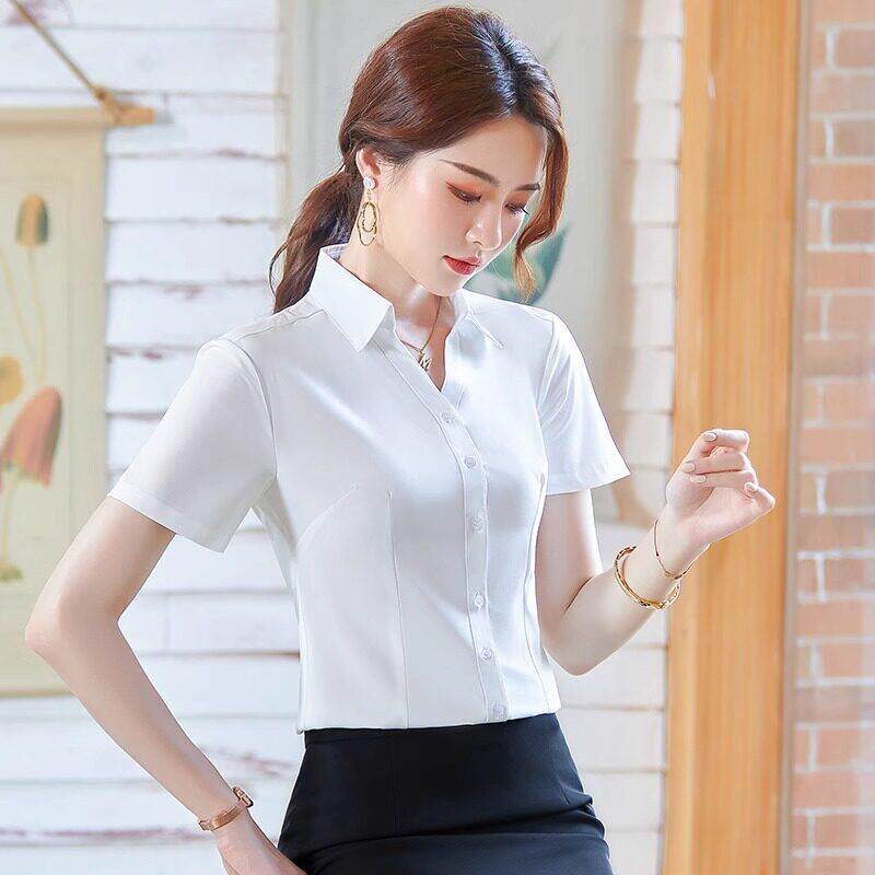 白色V领职业短袖衬衫女夏季端酒店前台服珠店修身衬衣