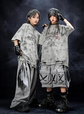 儿童街舞服装嘻哈潮服男童灰色破洞演出服套装hiphop女童走秀潮装