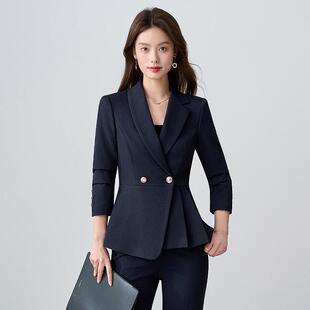 藏青色长袖小西装外套女裤子裙子衬衫四件套装秋冬季新款套装气质