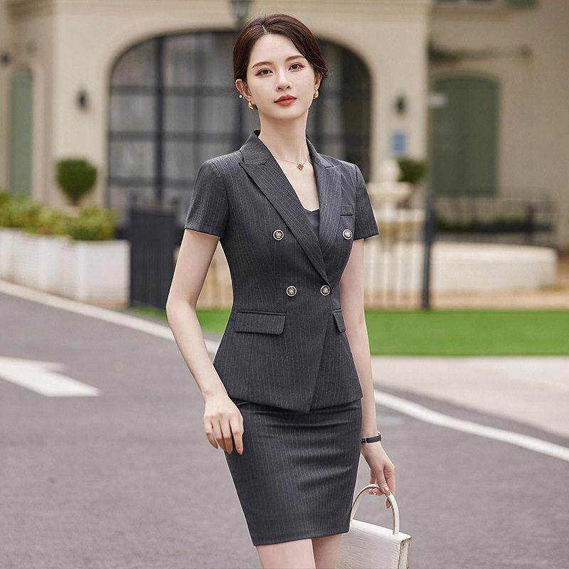 端条纹职业套装夏季女士西装套裙气质酒店前台经理珠店服