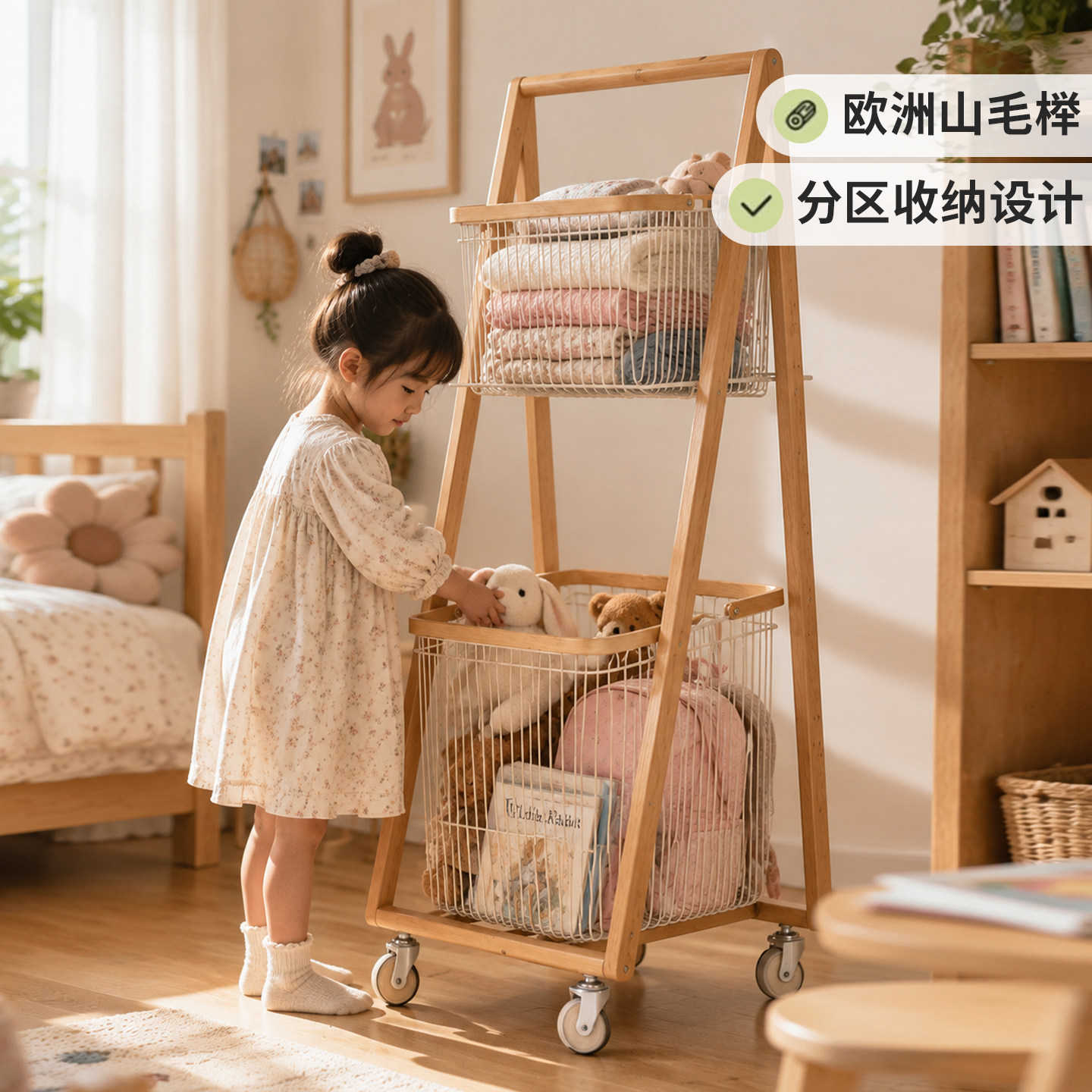 儿童脏衣篮实木双层可移动收纳筐