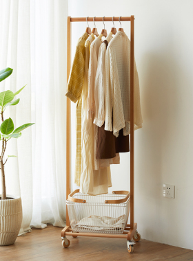 衣架落地卧室可移动挂衣架家用实木衣帽架床边多功能脏衣篓置物架