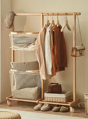 实木落地衣帽架家用卧室衣架可移动脏衣篓挂衣架床边放衣服晾衣架