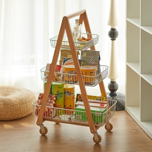 中古风实木小推车家用移动零食架客厅落地储物架厨房收纳置物架子