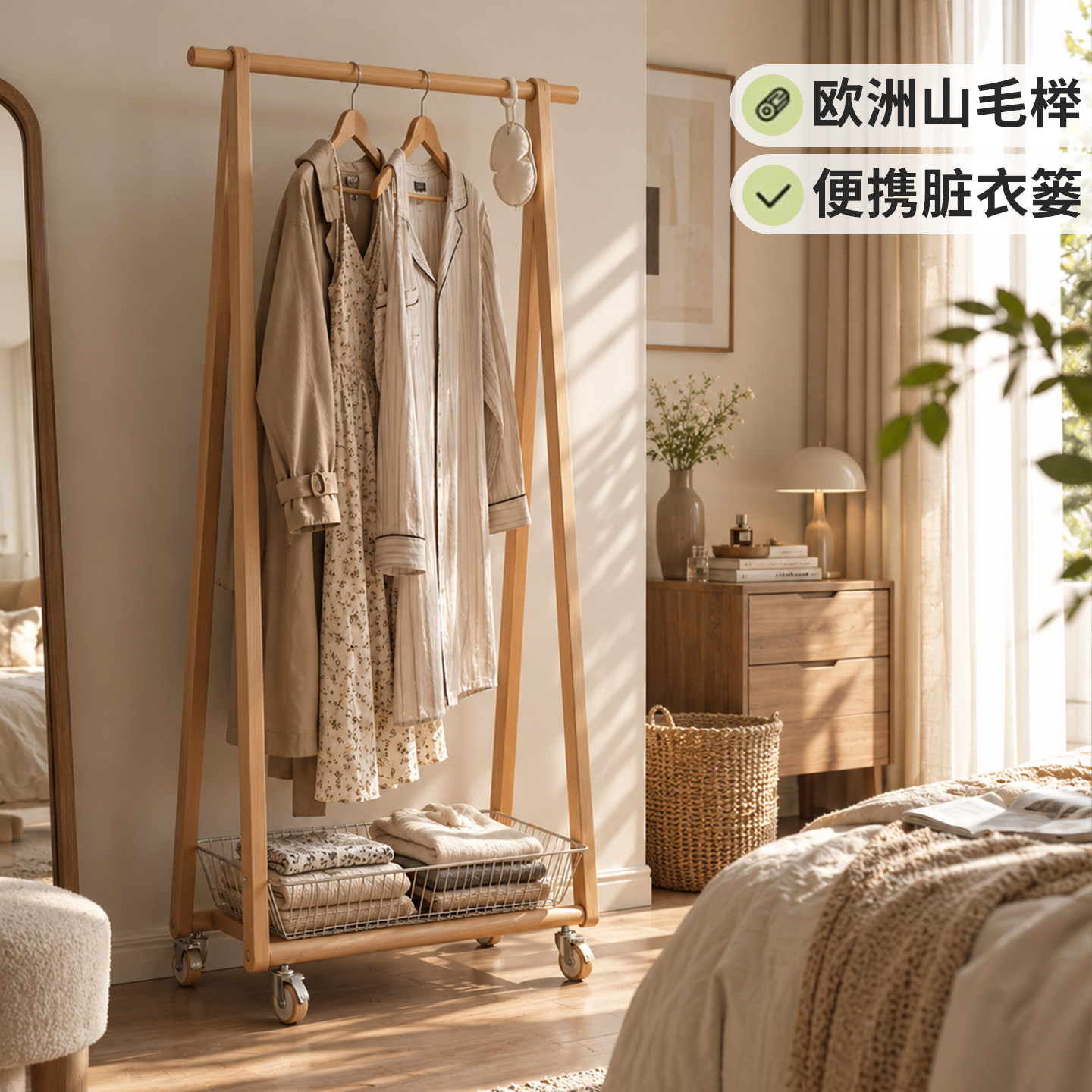 山毛榉落地衣帽架卧室移动挂衣架